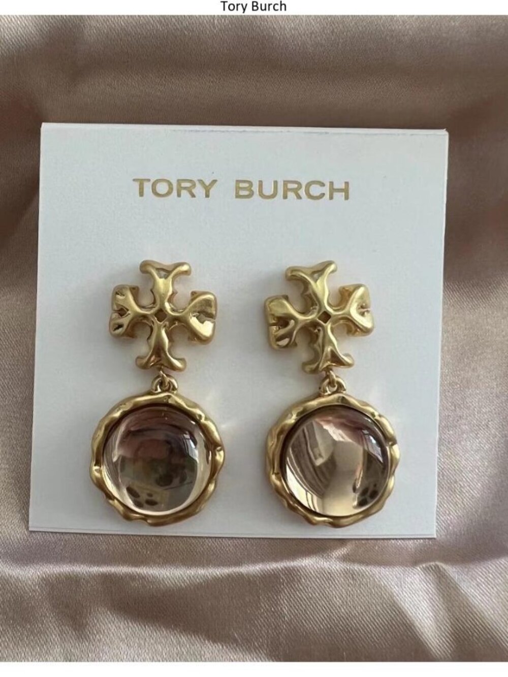 Tory Burch Gold-Tone Drop Earrings with Champagne Cabochons